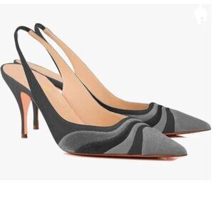 FOWT Grey Pointed Toe High Heel Slingback Pump Elastic Band Mules for Dress